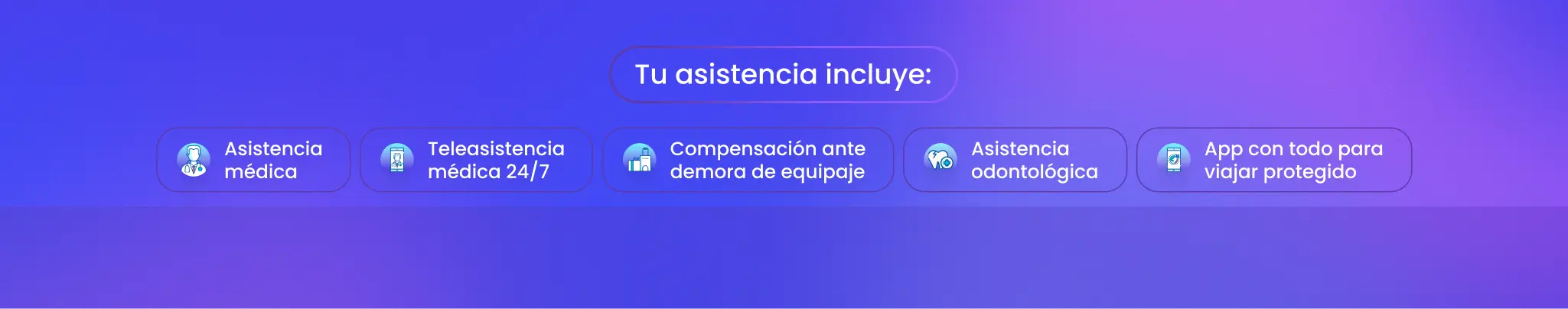 Tu asistencia incluye asistencia médica, teleasistencia médica 24/7, compensación ante demora de equipaje, asistencia odontológica, App con todo para viajar protegido